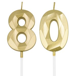 80th birthday candles for cake, gold number 80 3d diamond shaped candle birthday decorations party supplies for women or men