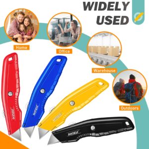 DIYSELF 4 Pack Box Cutters, Utility Knife with 10 Pcs Blades, Box Cutter Heavy Duty for Carpet, Cardboard, Vinyl, and Paper, Sharp Razor Knife, Package Opener, Box Cutter Retractable, Box Cutter Knife