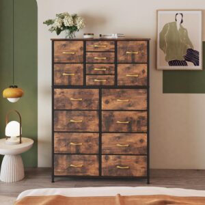 Finnhomy 16 Drawers Dresser for Bedroom, Tall Dressers & Chests of Drawers with Wood Top, Large Fabric Storage Dresser for Bedroom/Living Room/Entryway/Closet, 38" W x 11.8" D x 57.1" H, Rustic Brown