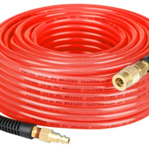 YOTOO Reinforced Polyurethane Air Hose 1/4" Inner Diameter by 100' Long, Flexible, Heavy Duty Air Compressor Hose with Bend Restrictor, 1/4" Swivel Industrial Quick Coupler and Plug, Red