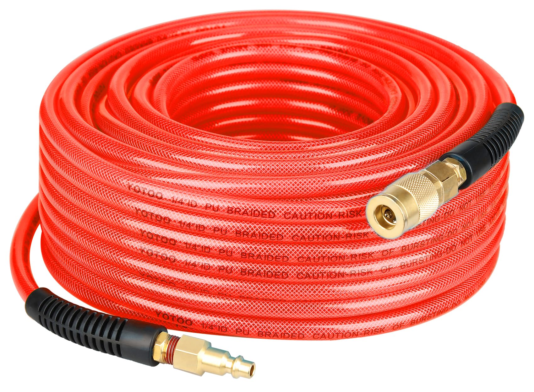 YOTOO Reinforced Polyurethane Air Hose 1/4" Inner Diameter by 100' Long, Flexible, Heavy Duty Air Compressor Hose with Bend Restrictor, 1/4" Swivel Industrial Quick Coupler and Plug, Red