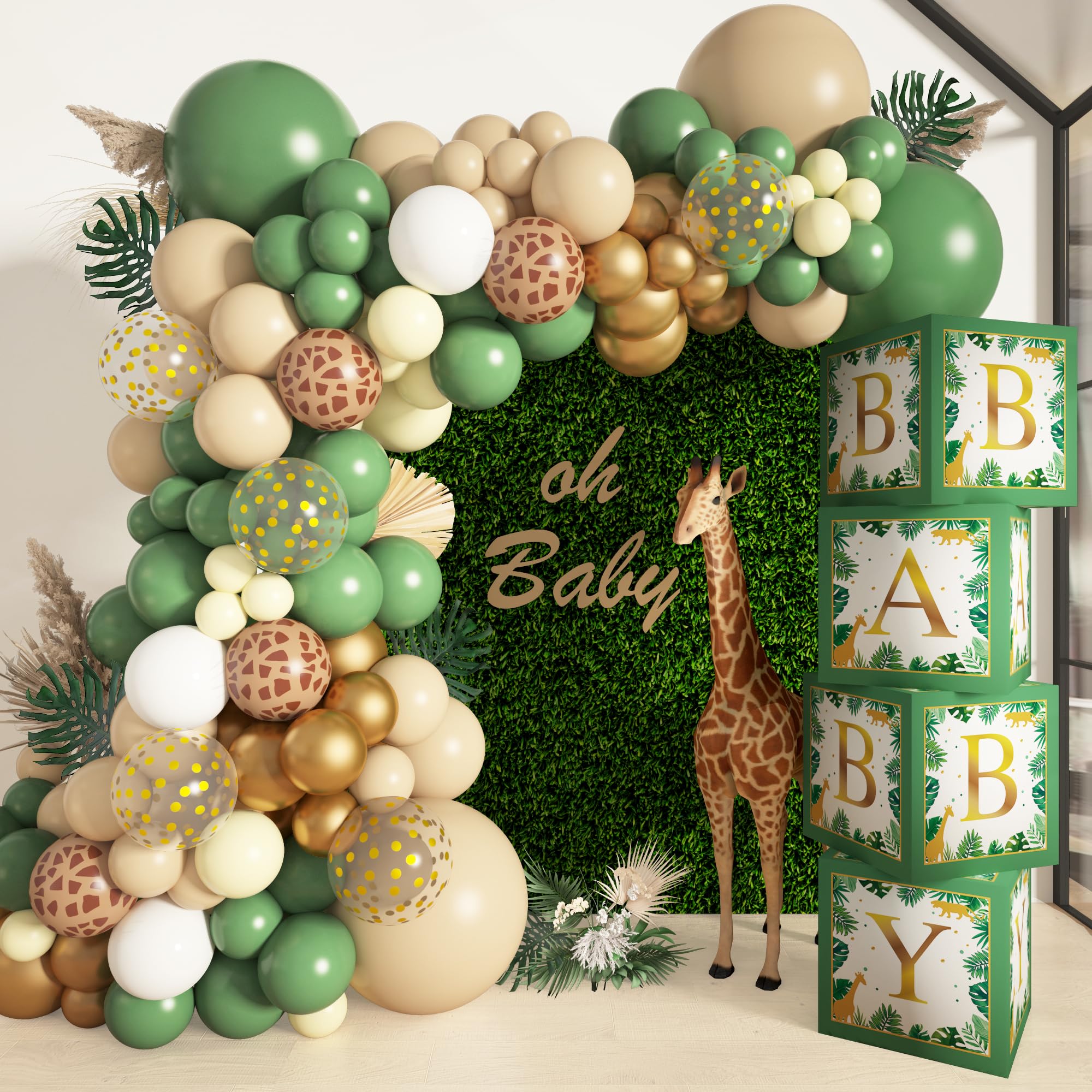 Baby Boxes Safari Jungle Baby Shower Decorations for Boy Girl, Safari Balloons Garland Arch Kit with 4Pcs Sage Green Animal Baby Boxes Nude Giraffe Print Balloons for Wild One Birthday Party Supplies