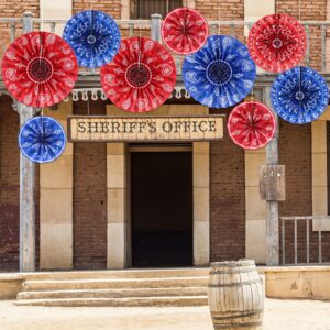 Outus 9 Pcs Bandana Hanging Paper Fans Decorations Wild West Paper Fans Classroom Decorations Western Themed Ceiling Wall Garland for Western Cowboy Themed Party Decorations