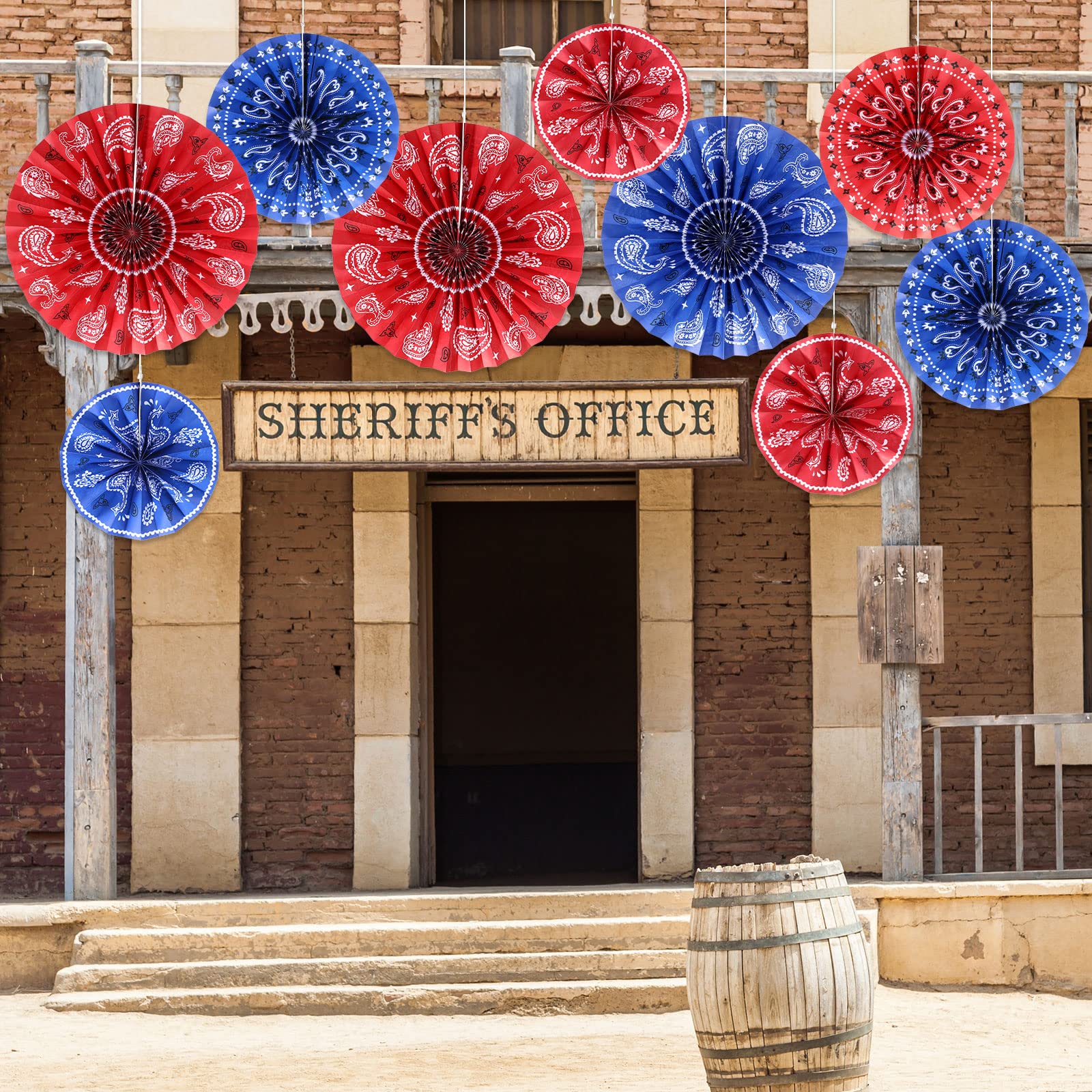 Outus 9 Pcs Bandana Hanging Paper Fans Decorations Wild West Paper Fans Classroom Decorations Western Themed Ceiling Wall Garland for Western Cowboy Themed Party Decorations