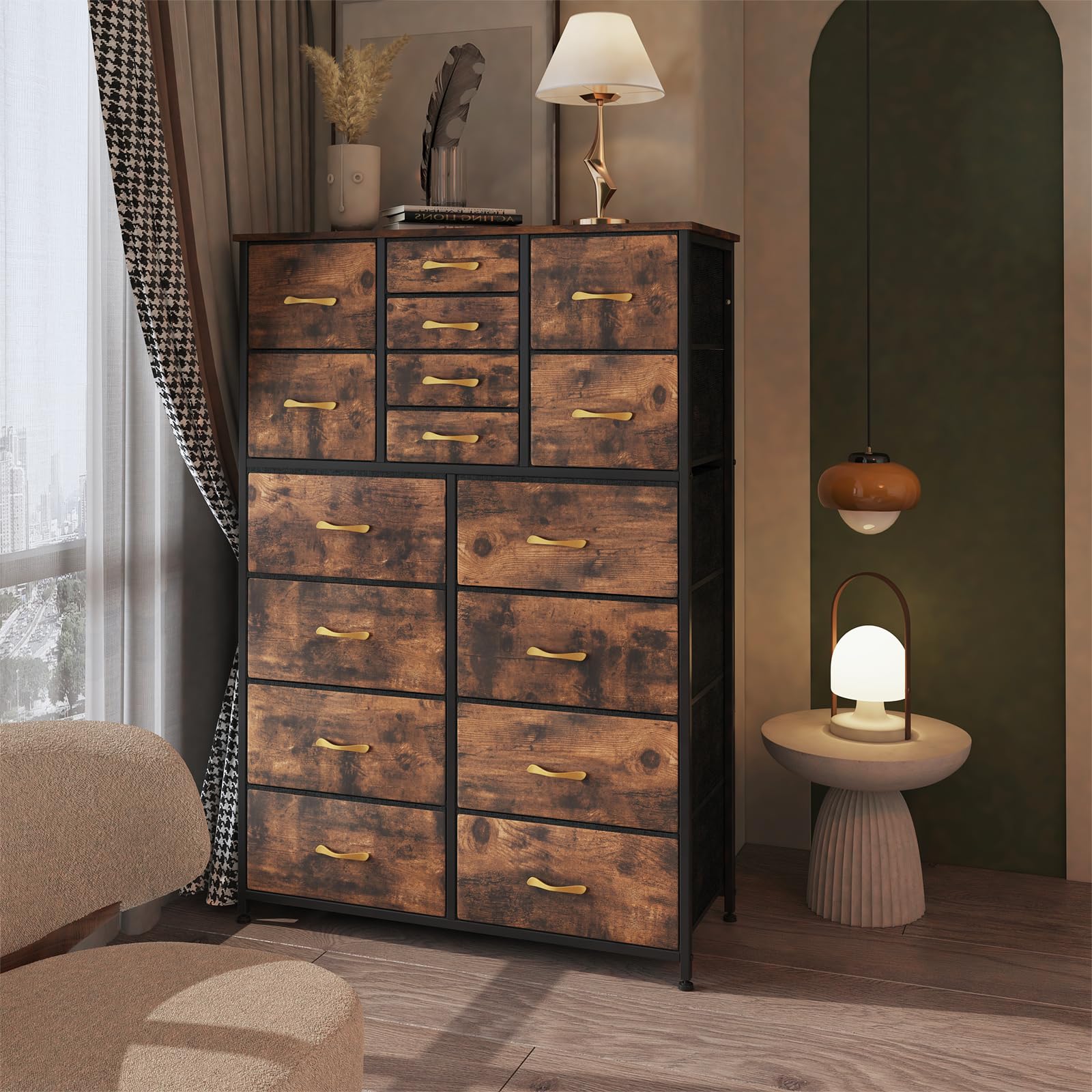 Finnhomy 16 Drawers Dresser for Bedroom, Tall Dressers & Chests of Drawers with Wood Top, Large Fabric Storage Dresser for Bedroom/Living Room/Entryway/Closet, 38" W x 11.8" D x 57.1" H, Rustic Brown