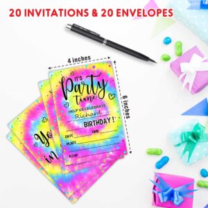 AWSICE Tie Dye Theme Birthday Invitations, Double-Sided Fill-In Invite Cards For Birthday Party, 20 Invitations With Envelopes, Decorations,Party Favor And Supply-A49