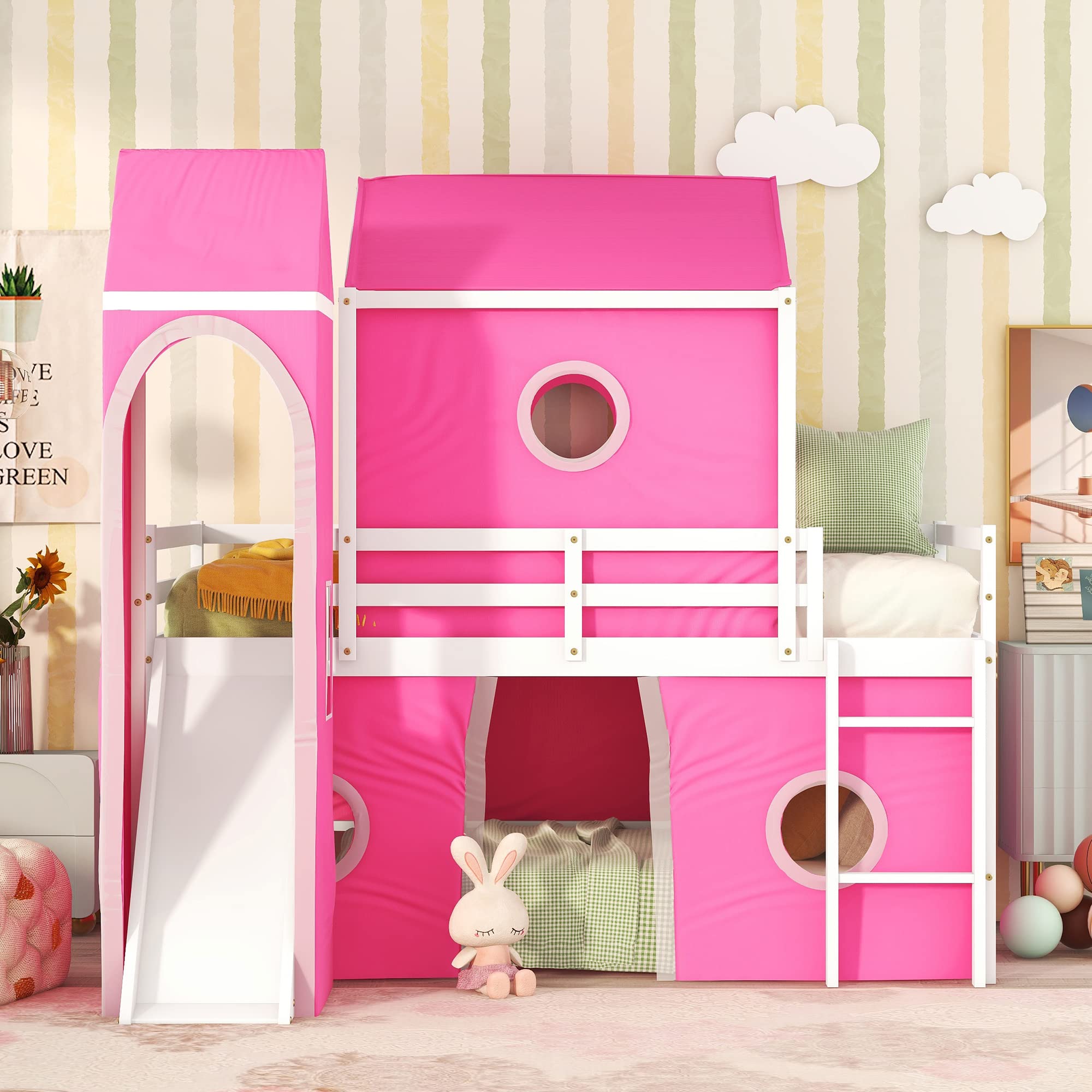 Bellemave Low Full Loft Bed with Slide and Curtains, Full Over Full Floor Bunk Bed with House Shape Tent and Tower, Wood Castle Style Loft Beds for Kids Boys Girls, Pink