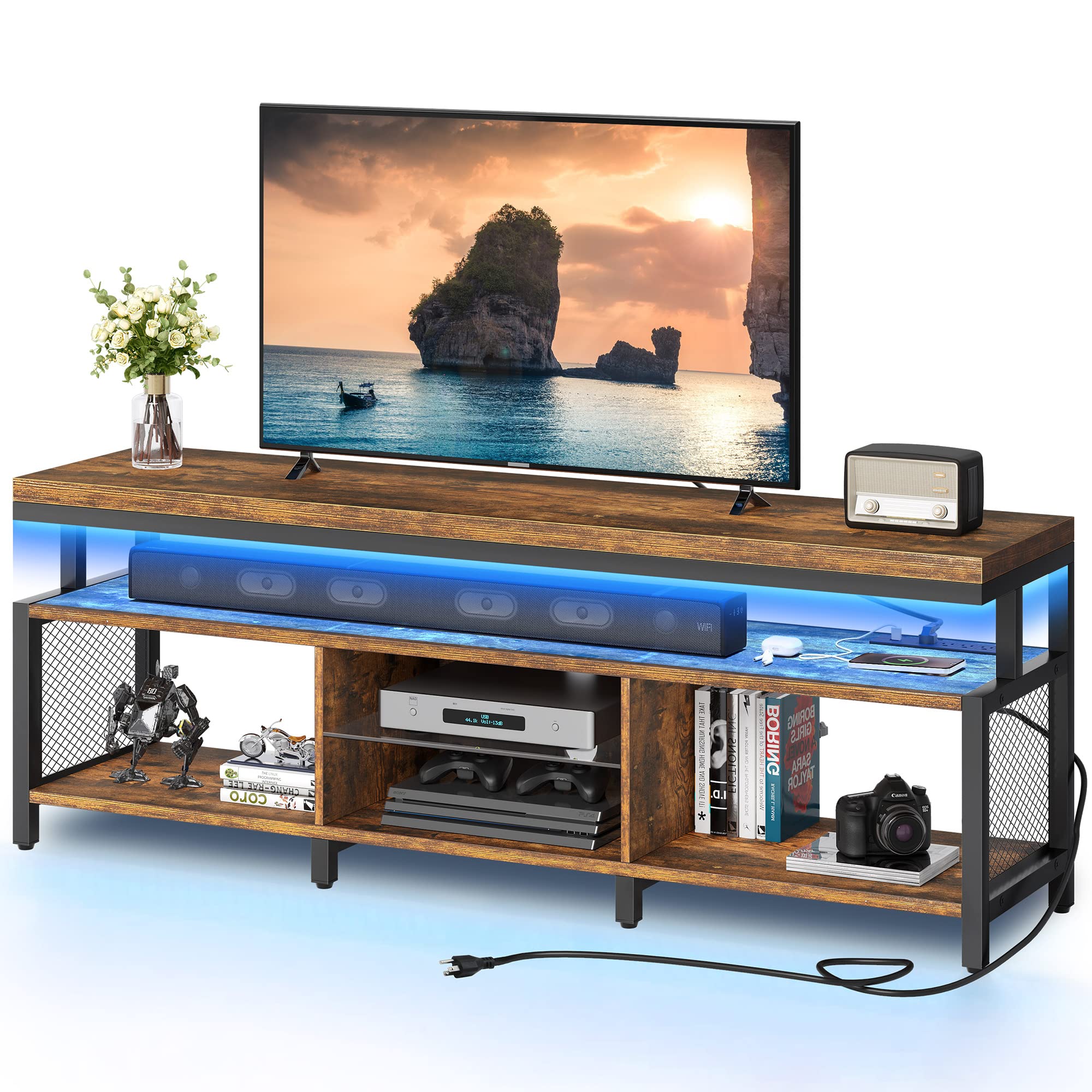 YITAHOME LED Television Stands w/Power Outlets for 70/65 inch, Modern Industrial TV Stand, Entertainment Center w/Open Storage, Entertainment Center for 360lbs for Living Room, Retro Brown