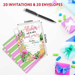 AWSICE Pool Party Birthday Invitations, Aloha Tropical Double-Sided Fill-In Invite Cards For Birthday Party, 20 Invitations With Envelopes, Decorations,Party Favor And Supply-A38