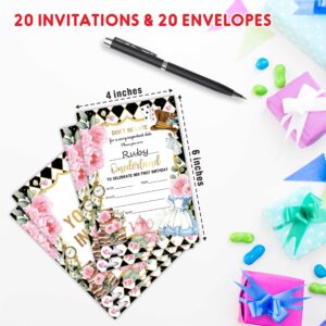 AWSICE Floral Tea Party First Birthday Invitations, Onederland Fill-In Invite Cards For Birthday Party, 20 Invitations With Envelopes, Decorations,Party Favor And Supply-A26