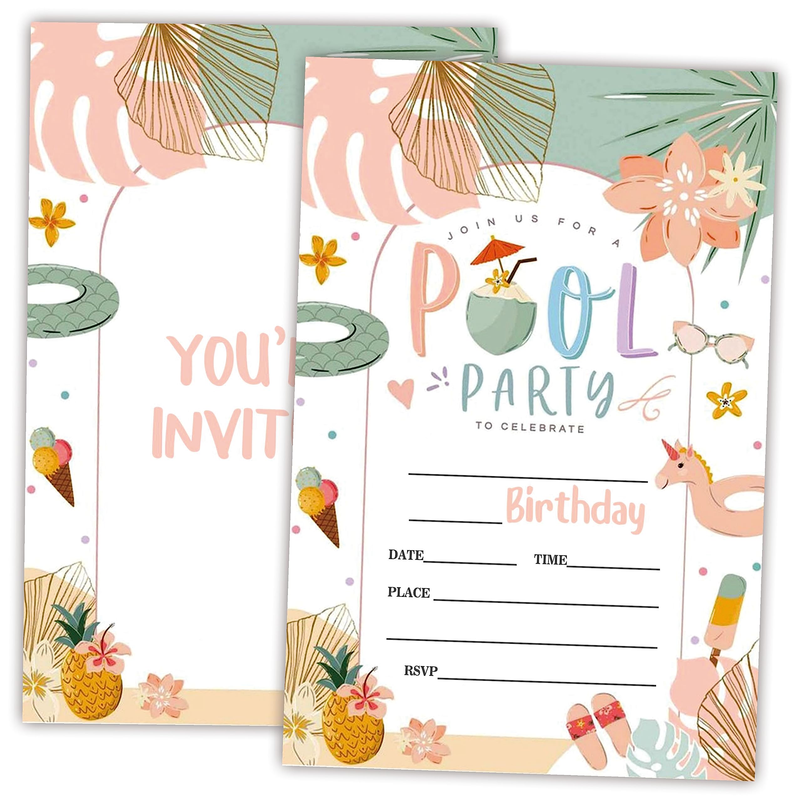 AWSICE Tropical Pool Party Birthday Invitations, Double-Sided Fill-In Invite Cards For Birthday Party, 20 Invitations With Envelopes, Decorations,Party Favor And Supply-A36