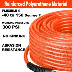 YOTOO Reinforced Polyurethane Air Hose 1/4" Inner Diameter by 100' Long, Flexible, Heavy Duty Air Compressor Hose with Bend Restrictor, 1/4" Swivel Industrial Quick Coupler and Plug, Red