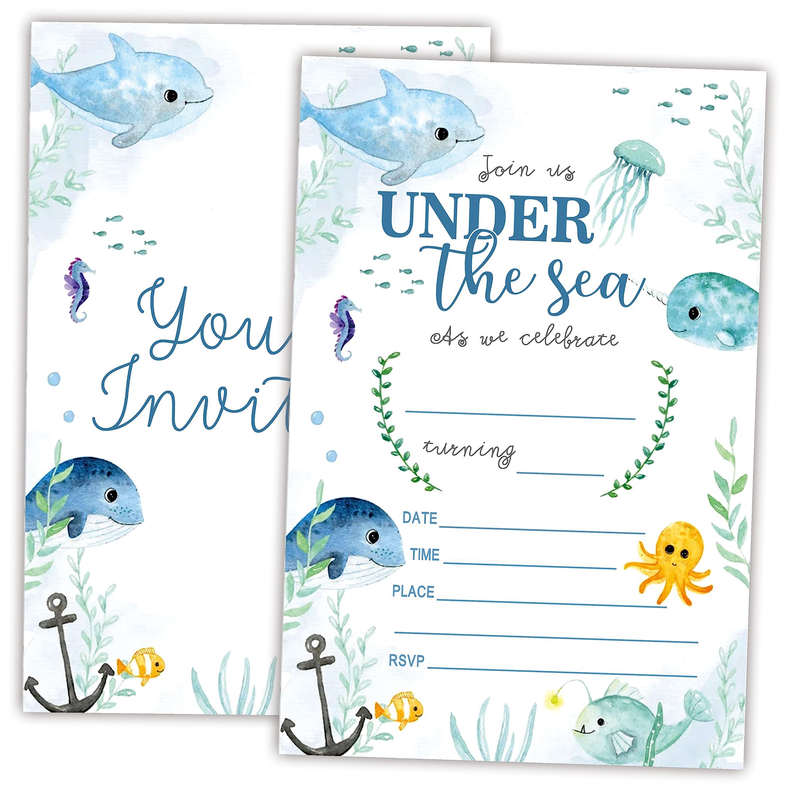 AWSICE Under The Sea Birthday Invitations, Ocean Animals Double-Sided Fill-In Invite Cards For Birthday Party, 20 Invitations With Envelopes, Decorations,Party Favor And Supply-A16