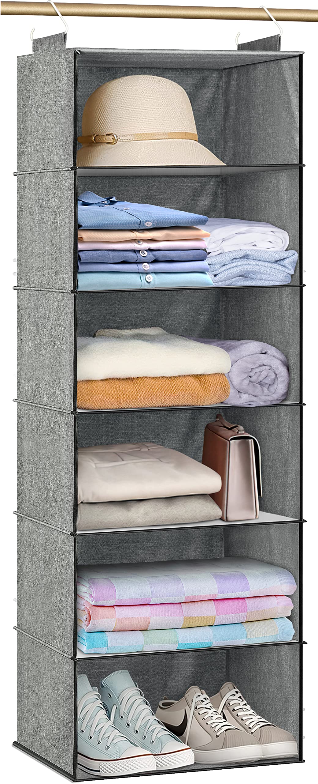 SLEEPING LAMB 6 Shelves Jumbo Hanging Closet Organizer and Storage, Hanging Clothes Organizer for Sweaters, Blankets and Coats in Wardrobe, Bedroom, Living Room, Grey