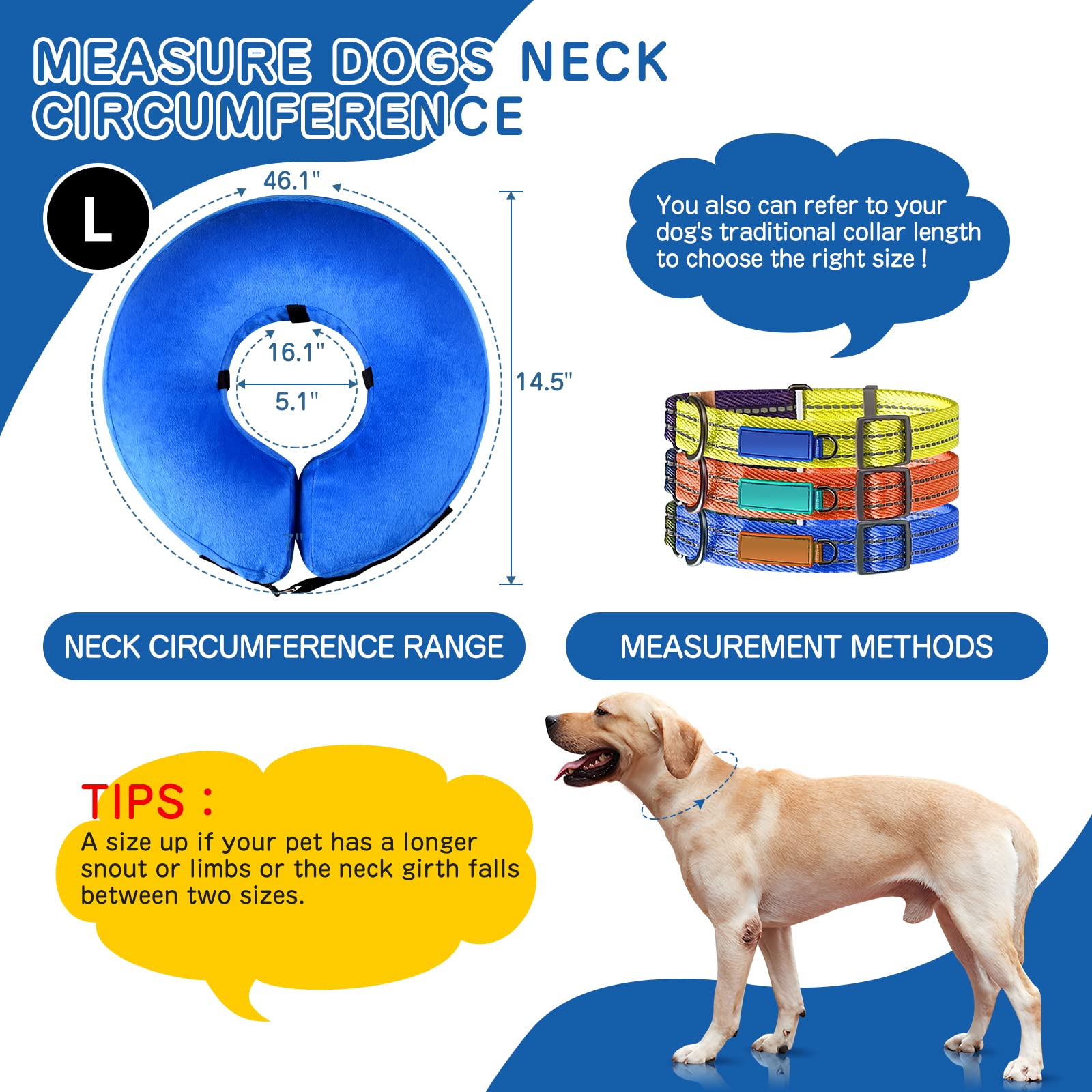 Dog Cone Alternative After Surgery - Soft Dog Cone for Large Dogs - Dog Donut Collar - Inflatable Elizabethan Dog Cone Collar to Stop Licking - Recovery Dog E Collar for Pets - Large(Neck:12"-18")