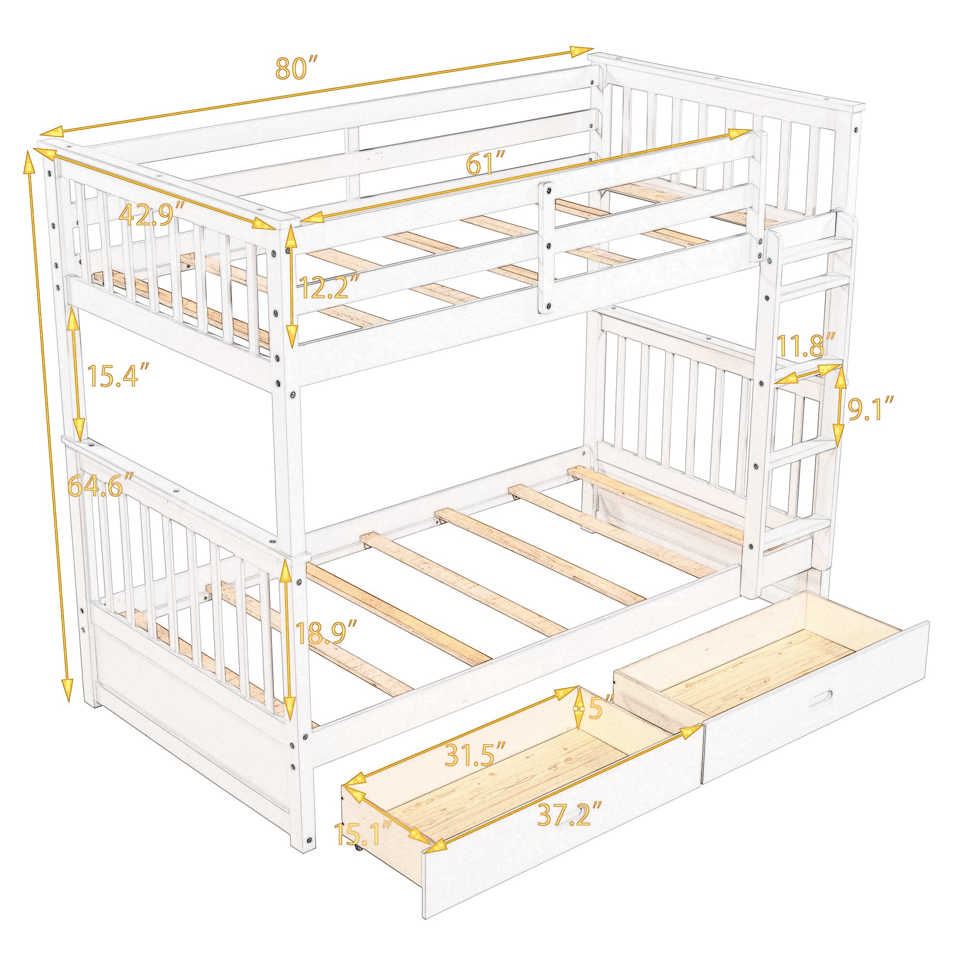 Harper & Bright Designs Twin Over Twin Bunk Bed with Storage Drawers, Solid Pine Wood Frame and Ladder with Guard Rails for Kids, Teens, Boys and Girls, No Box Spring Needed, Bunk Bed White