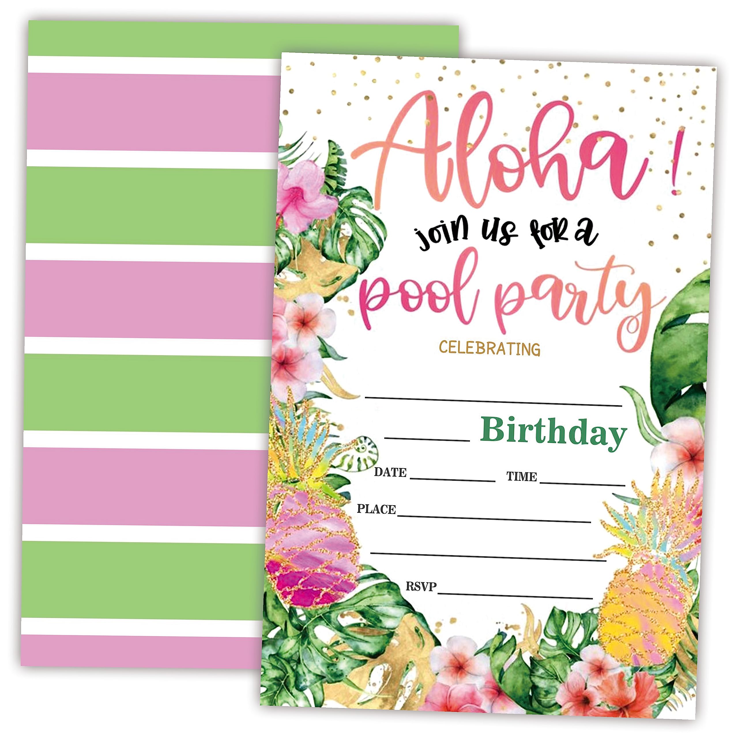 AWSICE Pool Party Birthday Invitations, Aloha Tropical Double-Sided Fill-In Invite Cards For Birthday Party, 20 Invitations With Envelopes, Decorations,Party Favor And Supply-A38