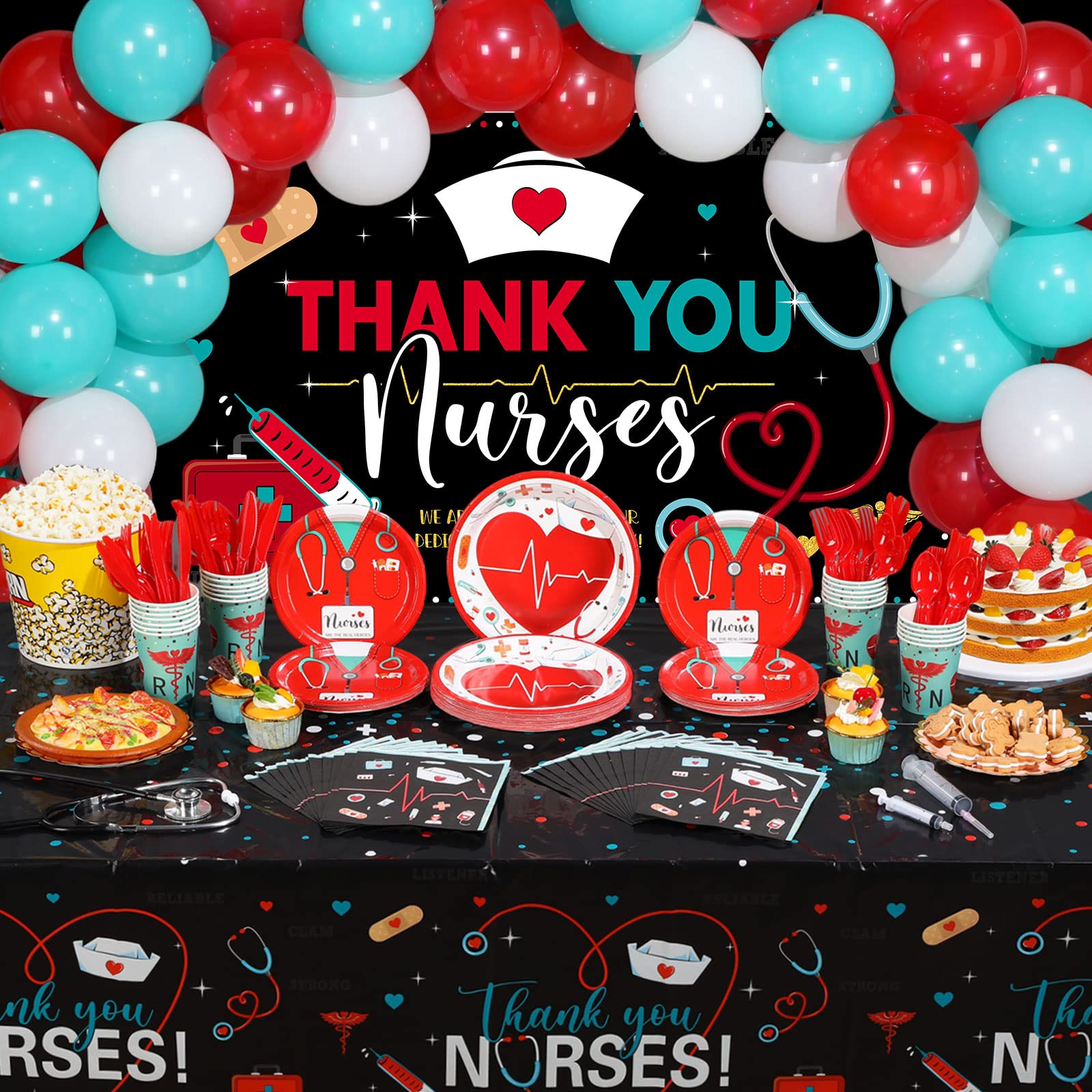 Tudomro 168 Pcs Nurses Party Decorations Nursing Graduation Banner Balloons Thank You Nurse Backdrop Medical Themed Tableware Plates Cups Napkins Tablecloth for RN Nurse Week Party Supplies