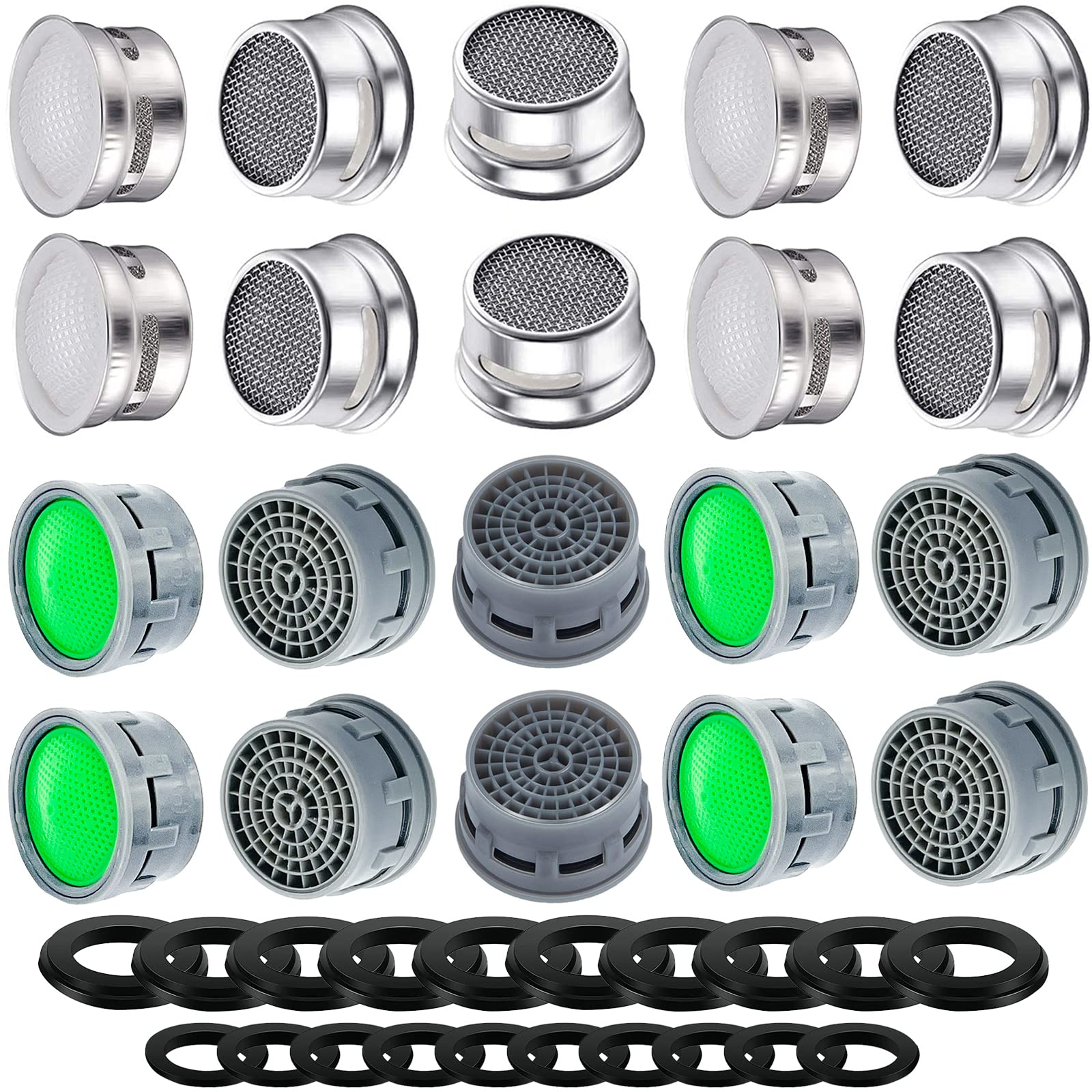 Faucet Aerator with Gasket Flow Restrictor Insert Bathroom Faucet Aerator Replacement Parts 10 pcs Stainless Steel (2.2 GPM) and 10 pcs Green (1.5 GPM)