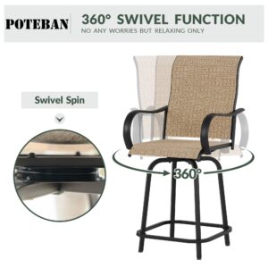 Poteban Outdoor Bar Height Table and Chairs Set for 2, All Weather Patio High Top Bar Set with 2 Bar Chairs and Glass Table for Backyard, Bistro, Lawn, Porch and Pool (Brown)