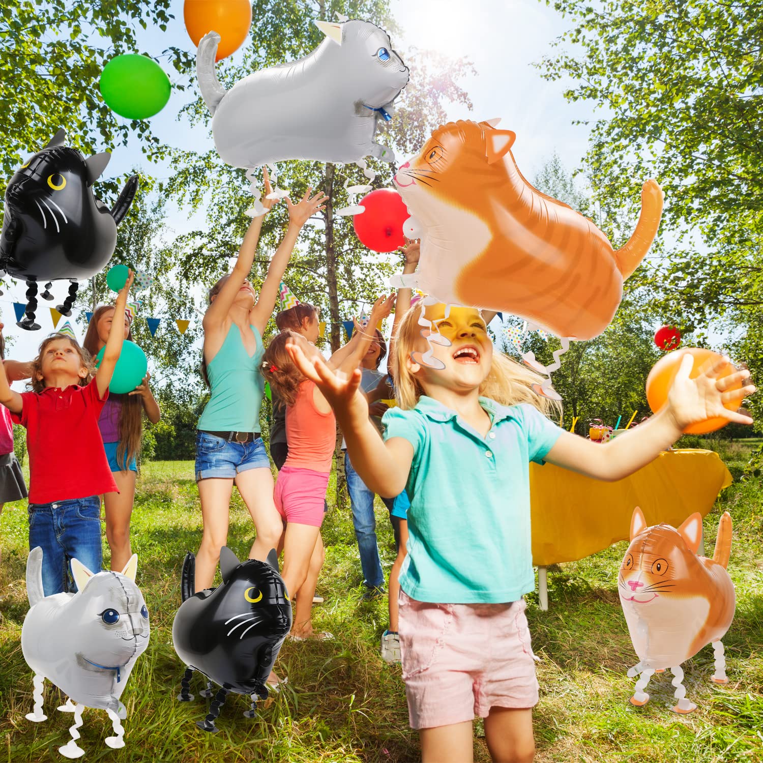 CCOZN 9 Pcs Walking Cat Balloons, Cat Mylar Balloon with 3 Ribbons Walking Animal Balloons Foil Long Balloons for Cat Theme Birthday Party Decorations Walking Cat Balloons Birthday Party Supplies