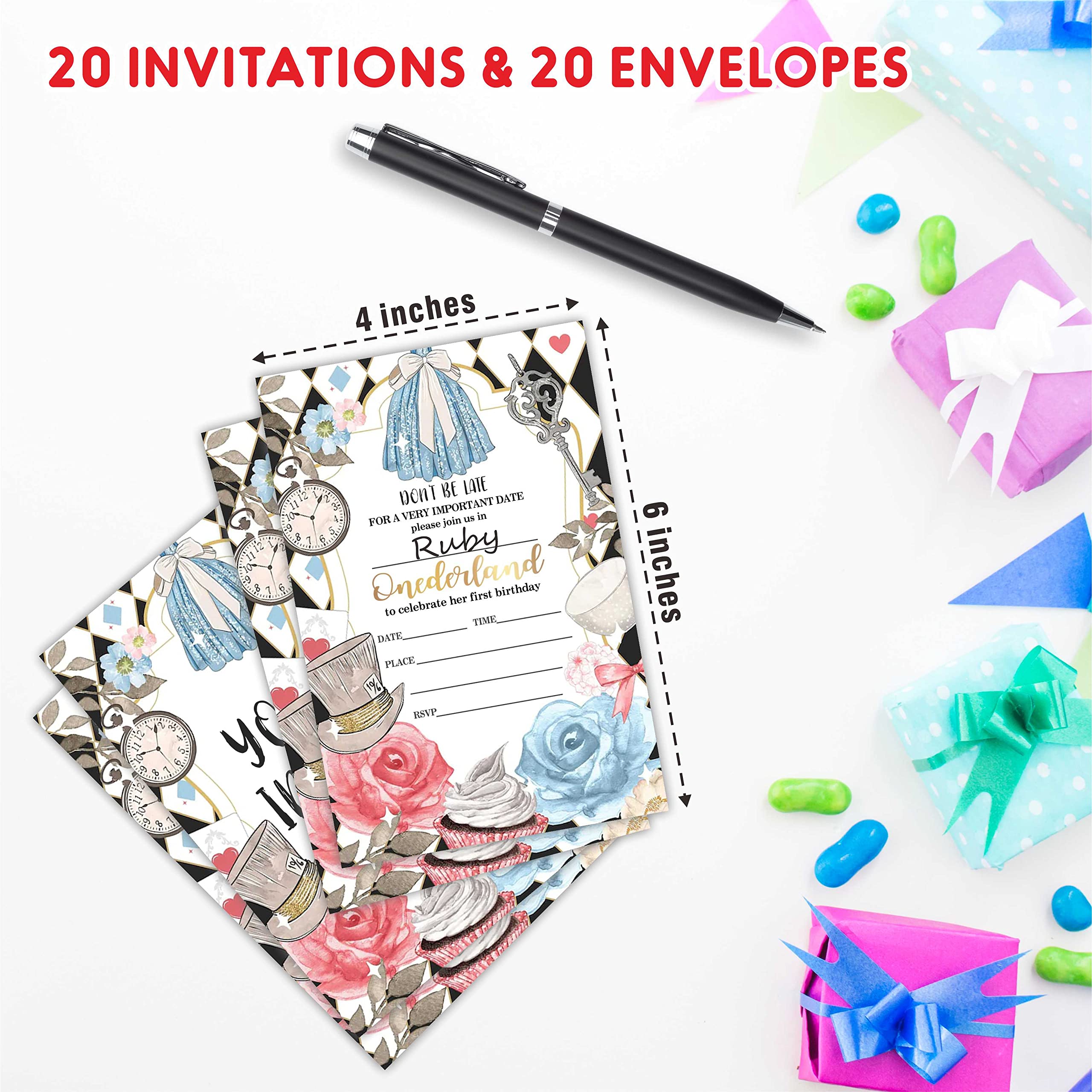 AWSICE Floral Birthday Invitations, Double-Sided Fill-In Invite Cards For Birthday Party, 20 Invitations With Envelopes, Decorations,Party Favor And Supply-A27