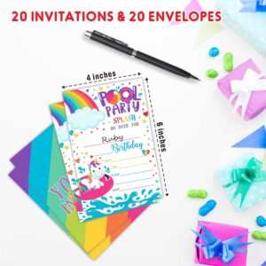 AWSICE Rainbow Unicorn Birthday Invitations,Pool Party Theme Double-Sided Fill-In Invite Cards For Birthday Party, 20 Invitations With Envelopes, Decorations,Party Favor And Supply-A23