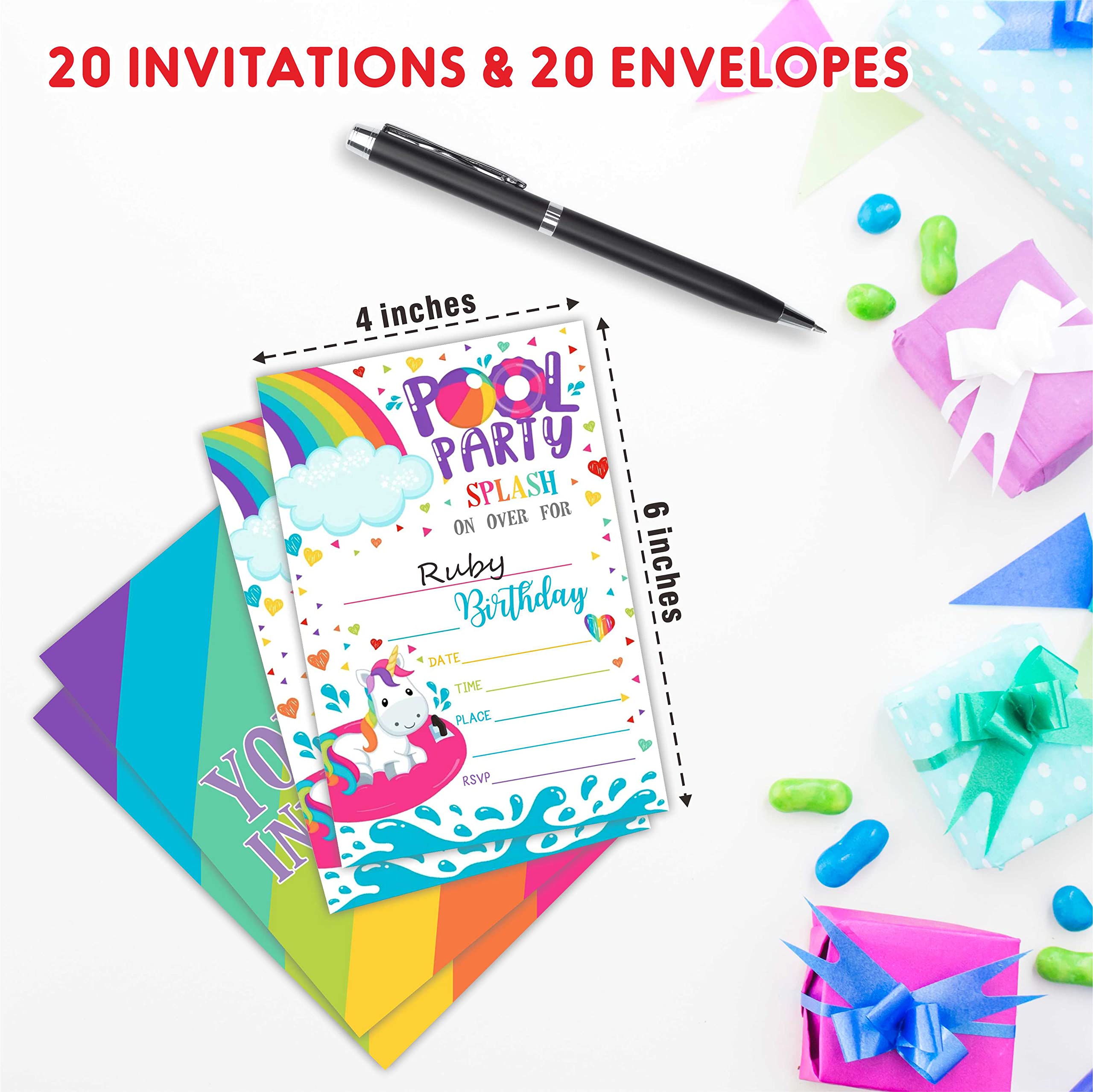 AWSICE Rainbow Unicorn Birthday Invitations,Pool Party Theme Double-Sided Fill-In Invite Cards For Birthday Party, 20 Invitations With Envelopes, Decorations,Party Favor And Supply-A23