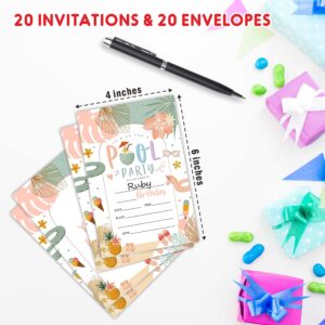 AWSICE Tropical Pool Party Birthday Invitations, Double-Sided Fill-In Invite Cards For Birthday Party, 20 Invitations With Envelopes, Decorations,Party Favor And Supply-A36