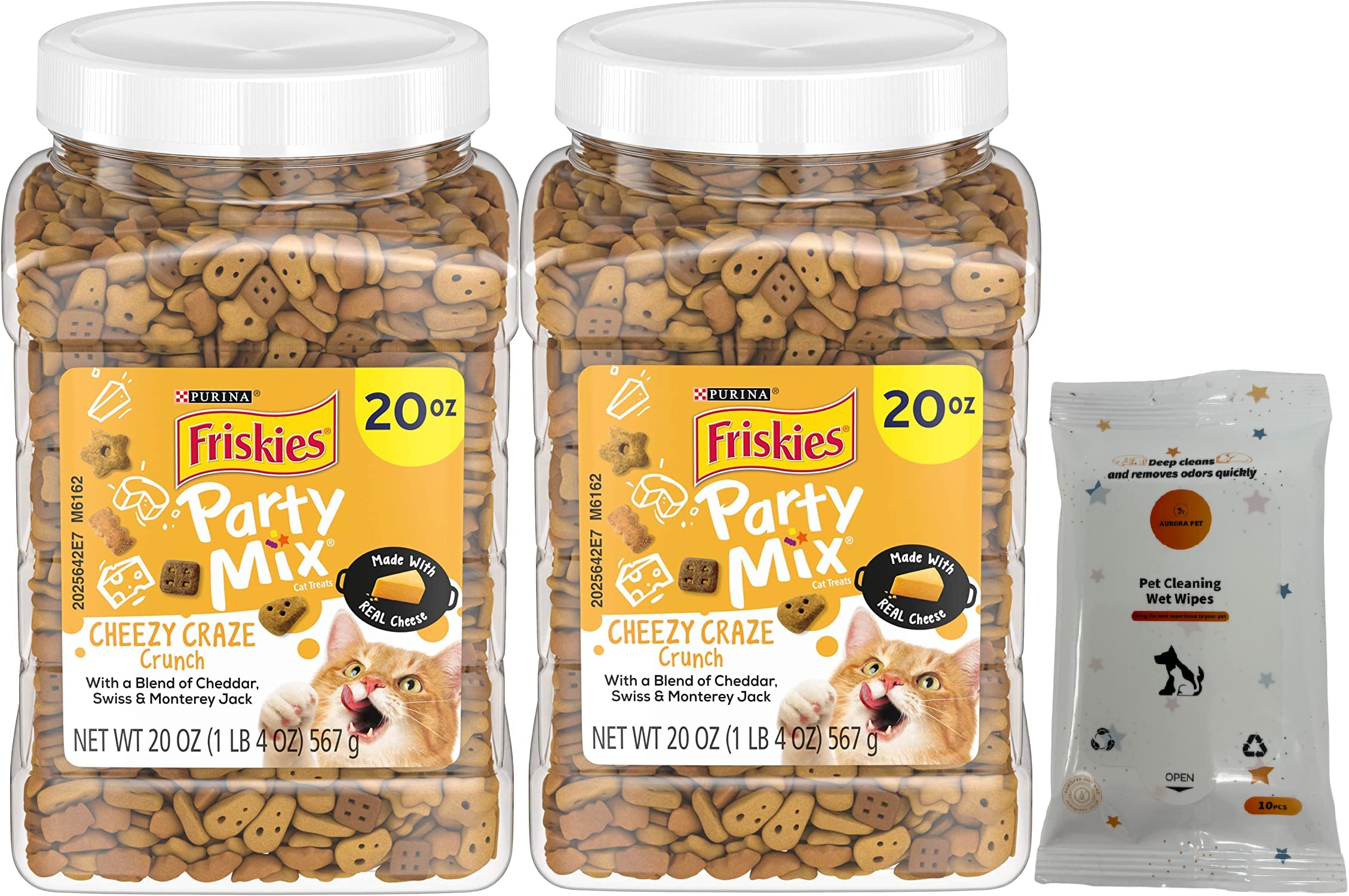 Aurora Pet Bundle (2) Friskies Party Mix Cheese Craze Cat Treats (20-oz Each) with AuroraPet Wipes