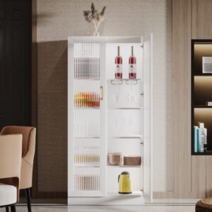 LVSOMT 65" Storage Cabinet with LED Lights, White Display Curio Cabinet with 2 Doors and 5-Tier Shelves, Tall Bookcase Modern Bookshelf, Kitchen Pantry for Home Office, Living Room (White)