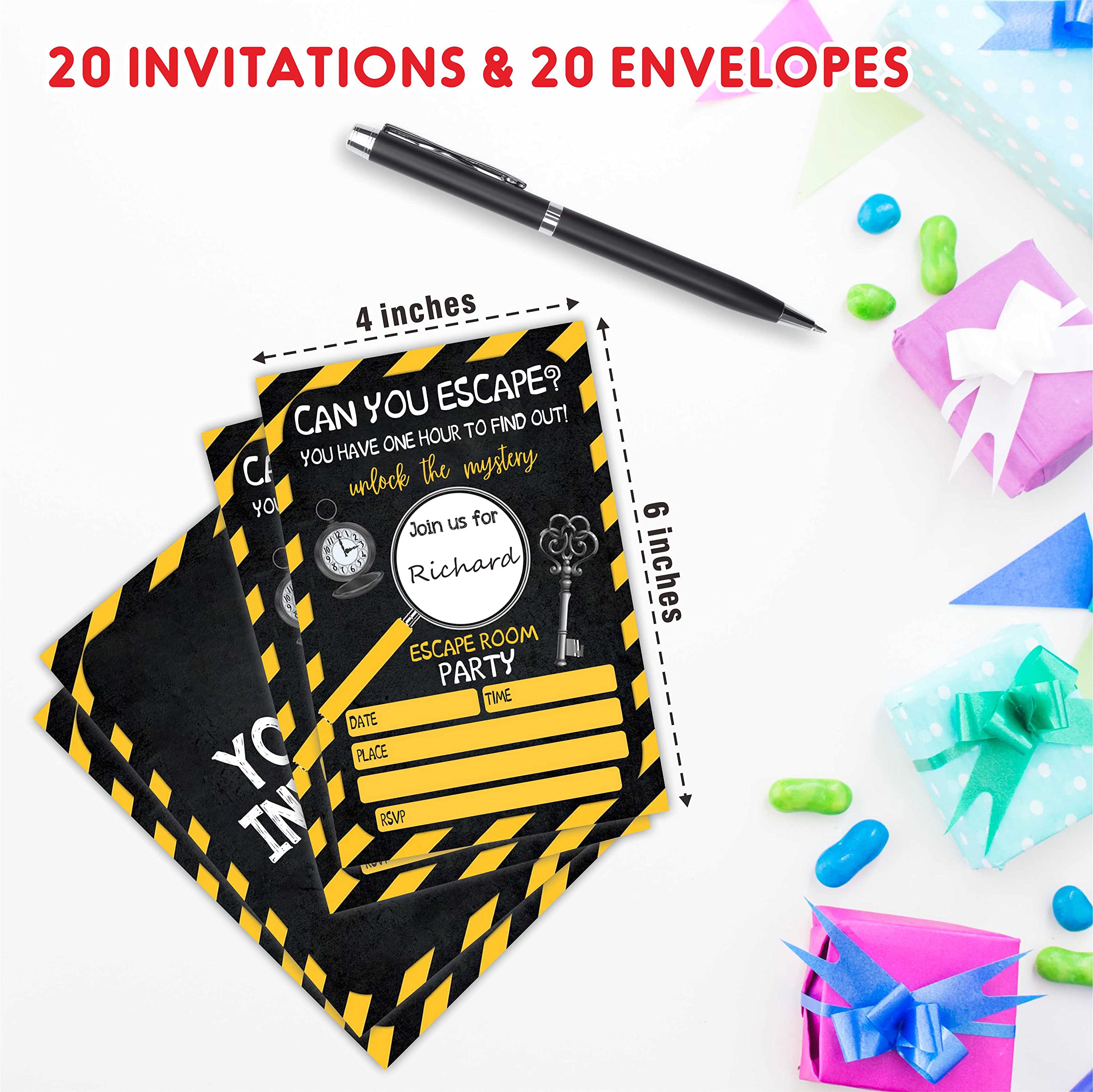 AWSICE Escape Room Birthday Invitations, Mystery Double-Sided Fill-In Invite Cards For Birthday Party, 20 Invitations With Envelopes, Decorations,Party Favor And Supply-A30