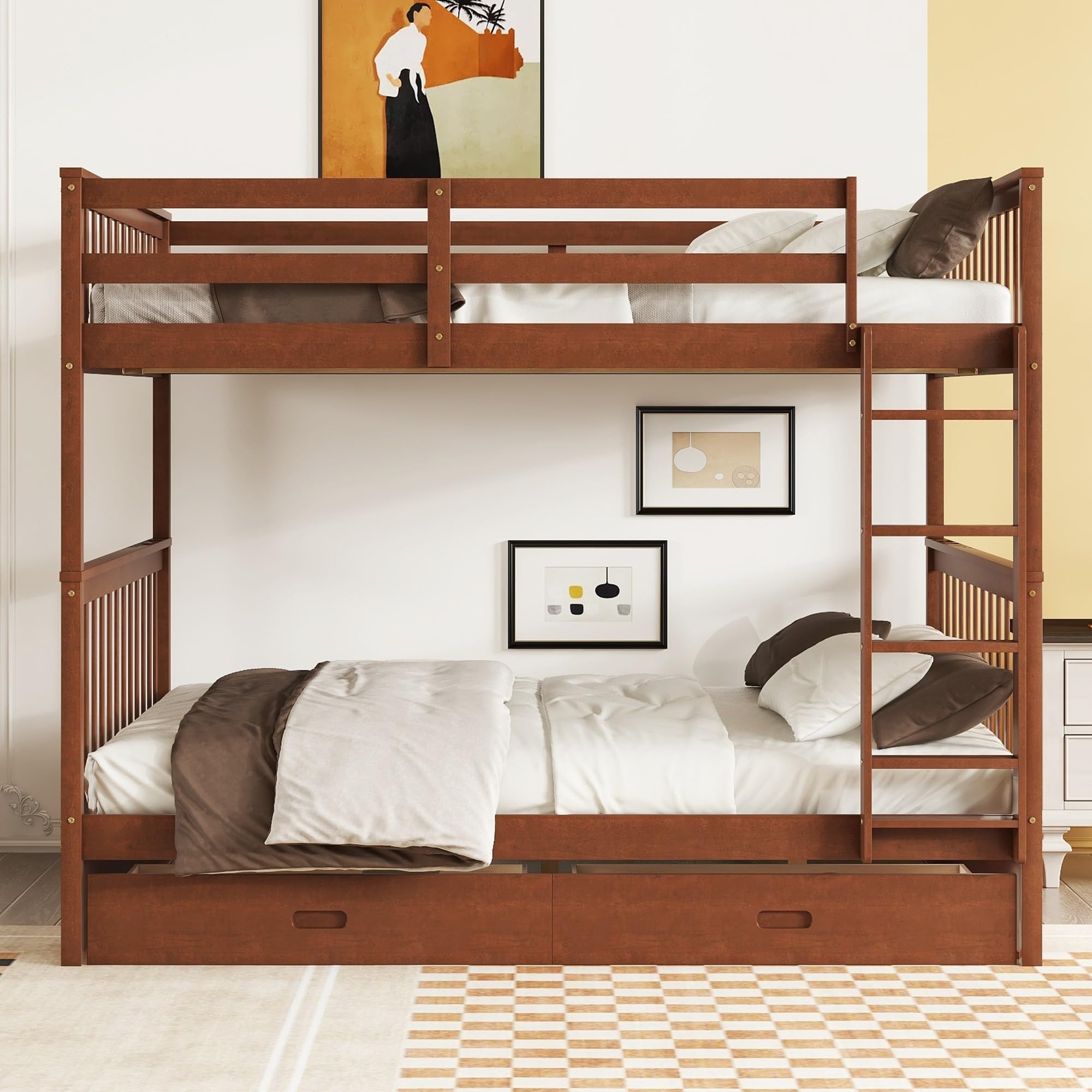 Harper & Bright Designs Full Over Full Bunk Bed with Storage Drawers, Solid Pine Wood Frame and Ladder with Guard Rails for Kids, Teens, Boys and Girls, No Box Spring Needed, Bunk Bed Walnut