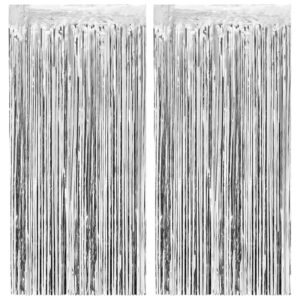 Fannev 2 Pack Silver Foil Fringe Curtain Back Drop, 3.3X 8.2Ft Metallic Tinsel Foil Fringe Streamer Curtains for Party Photo Booth Props Bachelorette Birthday Bridal Shower Christmas Decorations