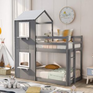 MERITLINE House Bunk Bed for Kids,Twin Over Twin Wood Bunk Bed with Ladder,House-Shaped Bed with Window for Girls Boys,No Box Spring Needed(Grey)