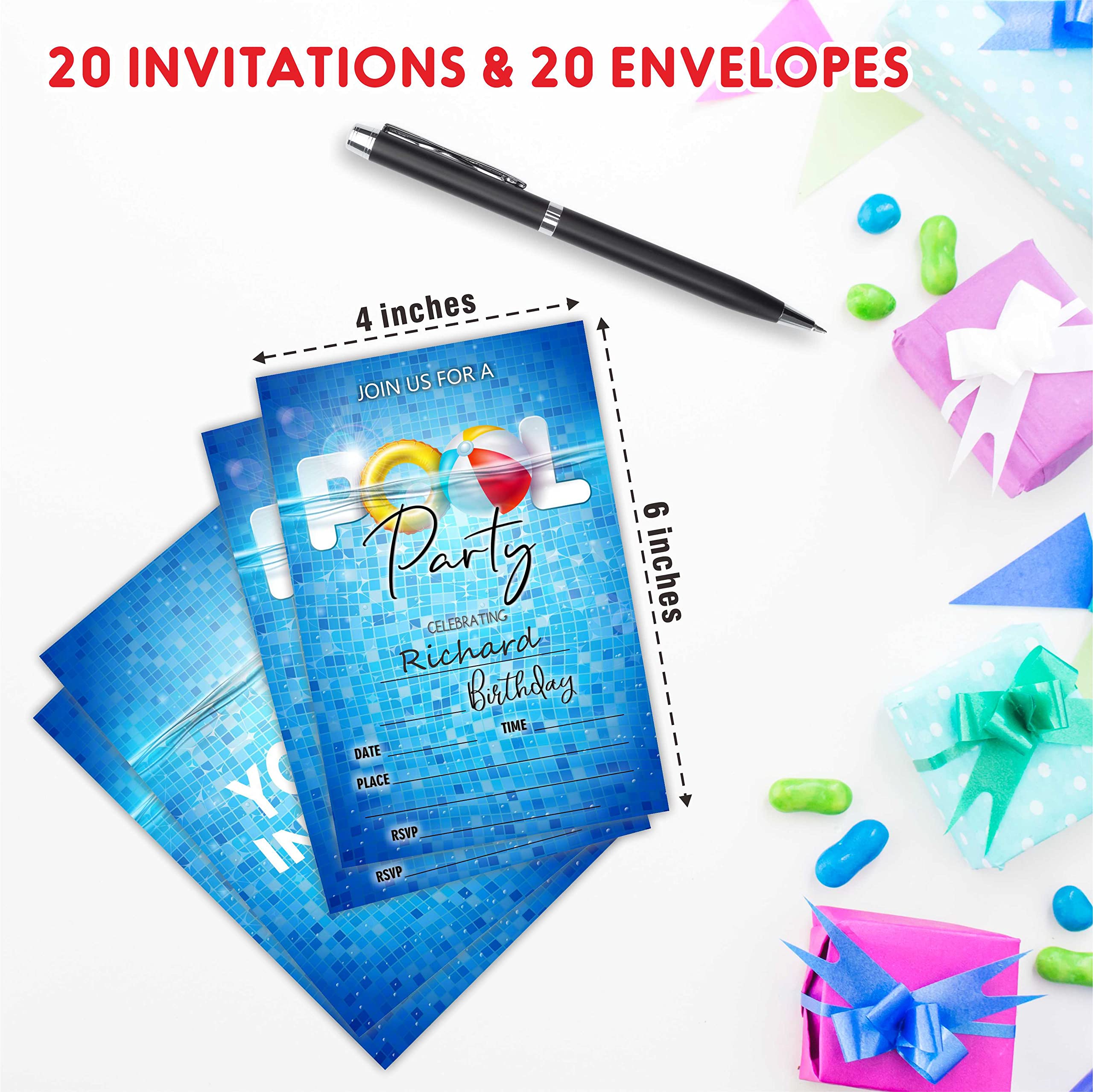 AWSICE Swimming Pool Party Birthday Invitations,Double-Sided Fill-In Invite Cards For Birthday Party, 20 Invitations With Envelopes, Decorations,Party Favor And Supply-A19