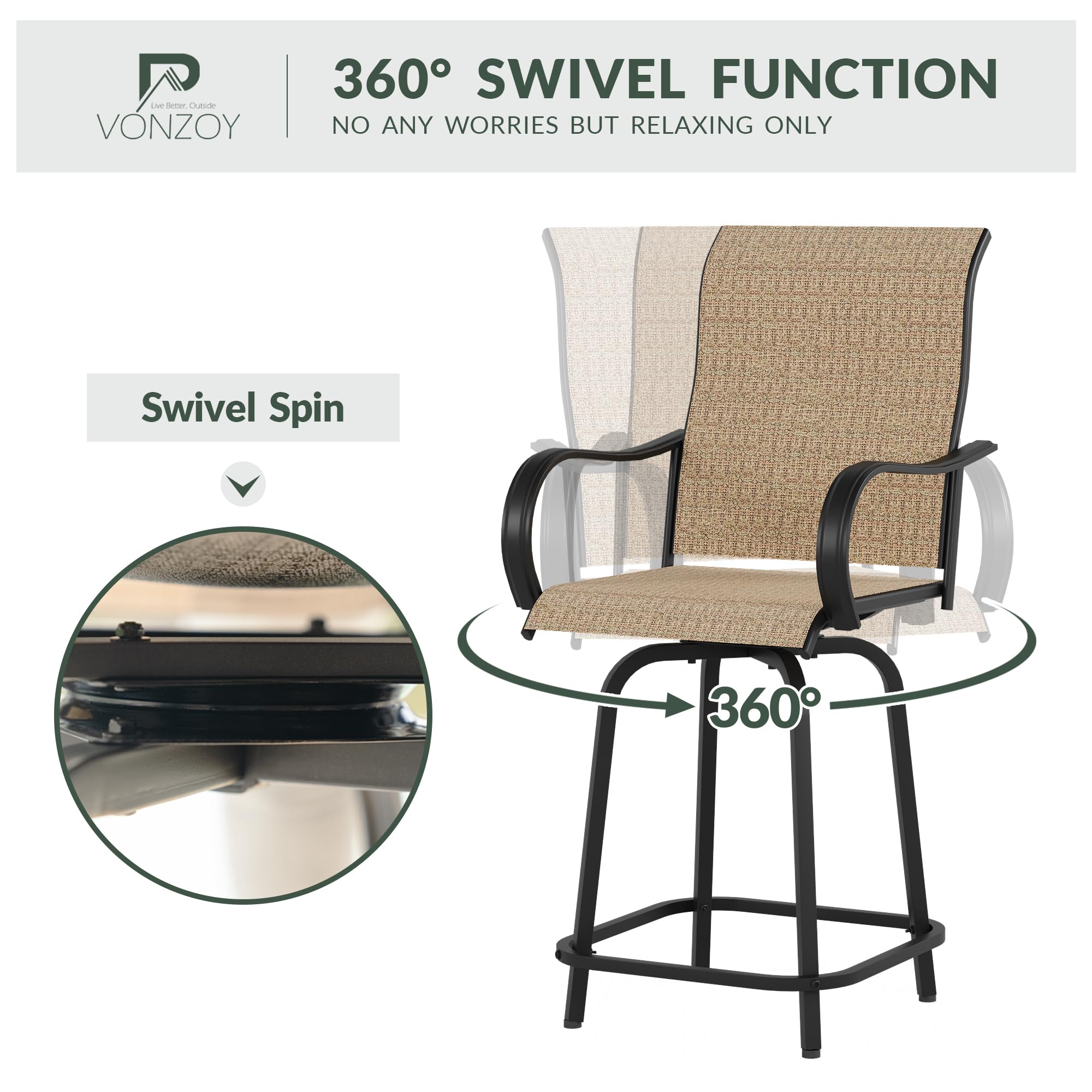 Poteban Patio Swivel Bar Stools Set of 2, Outdoor Bar Height Patio Chairs for Backyard, Pool, Garden, Deck w/High Back and Armrest, All-Weather Mesh, 300lb Capacity – Brown