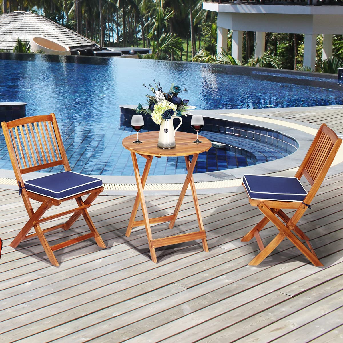 FANTASK 3 Pieces Folding Acacia Wood Bistro Set, Patio Furniture Set with Cushions & 1 Round Table, Indoor Outdoor Bistro Table and Chairs Set of 2 for Patio, Garden, Poolside, Porch, Lawn (Navy)