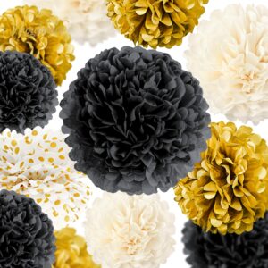 NICROLANDEE Black Gold Party Decorations, 15 PCS Tissue Paper Pom Poms Kit for 2025 New Year Party, Wedding, Birthday, Engagement, Graduation Party Decor, Paper Garland Flower Ball Ceiling Wall Decor