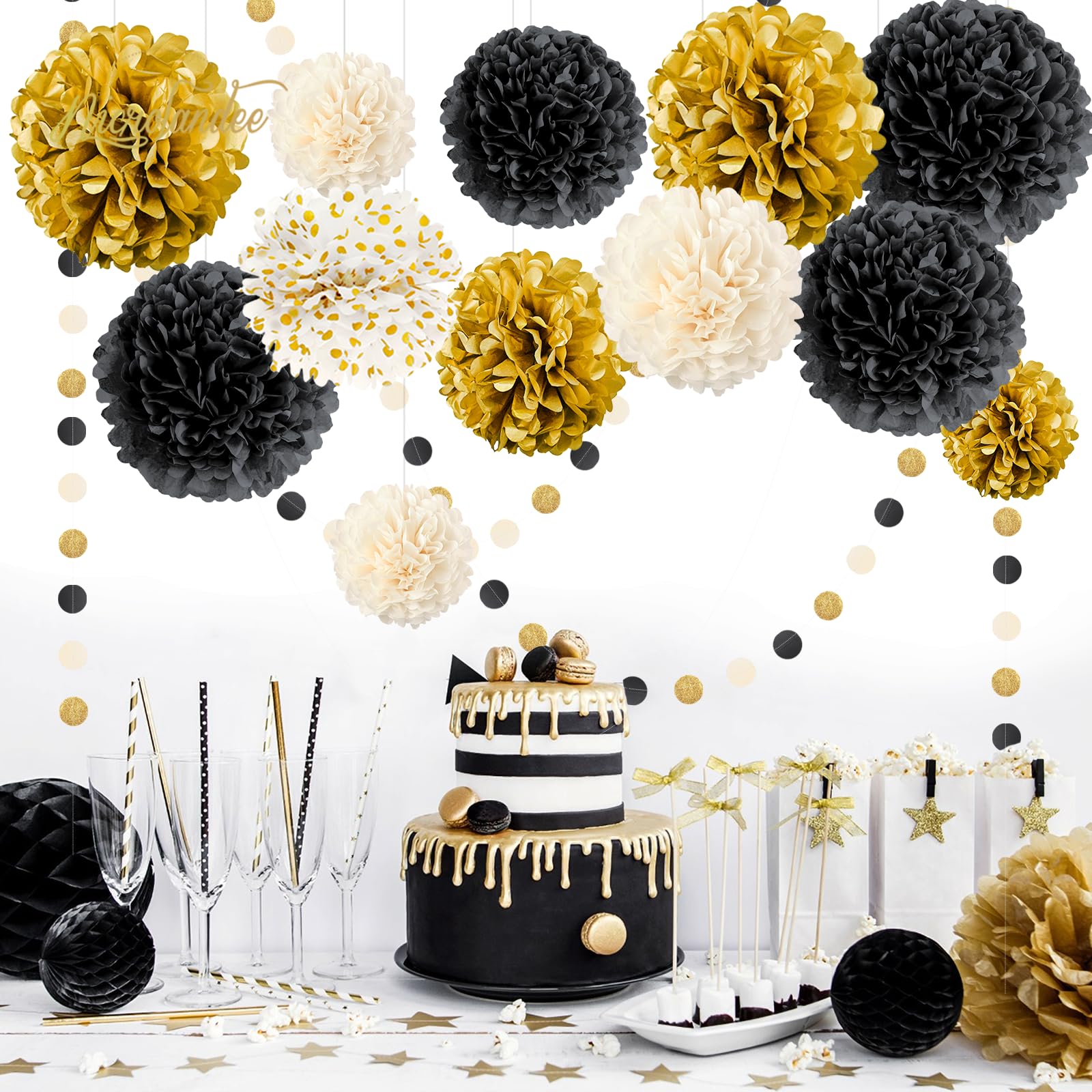 NICROLANDEE Black Gold Party Decorations, 15 PCS Tissue Paper Pom Poms Kit for 2025 New Year Party, Wedding, Birthday, Engagement, Graduation Party Decor, Paper Garland Flower Ball Ceiling Wall Decor