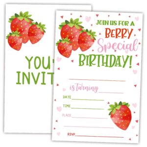 awsice strawberry theme birthday invitations, fruits double-sided fill-in invite cards for kids, 20 invitations with envelopes, decorations, party favor and supply