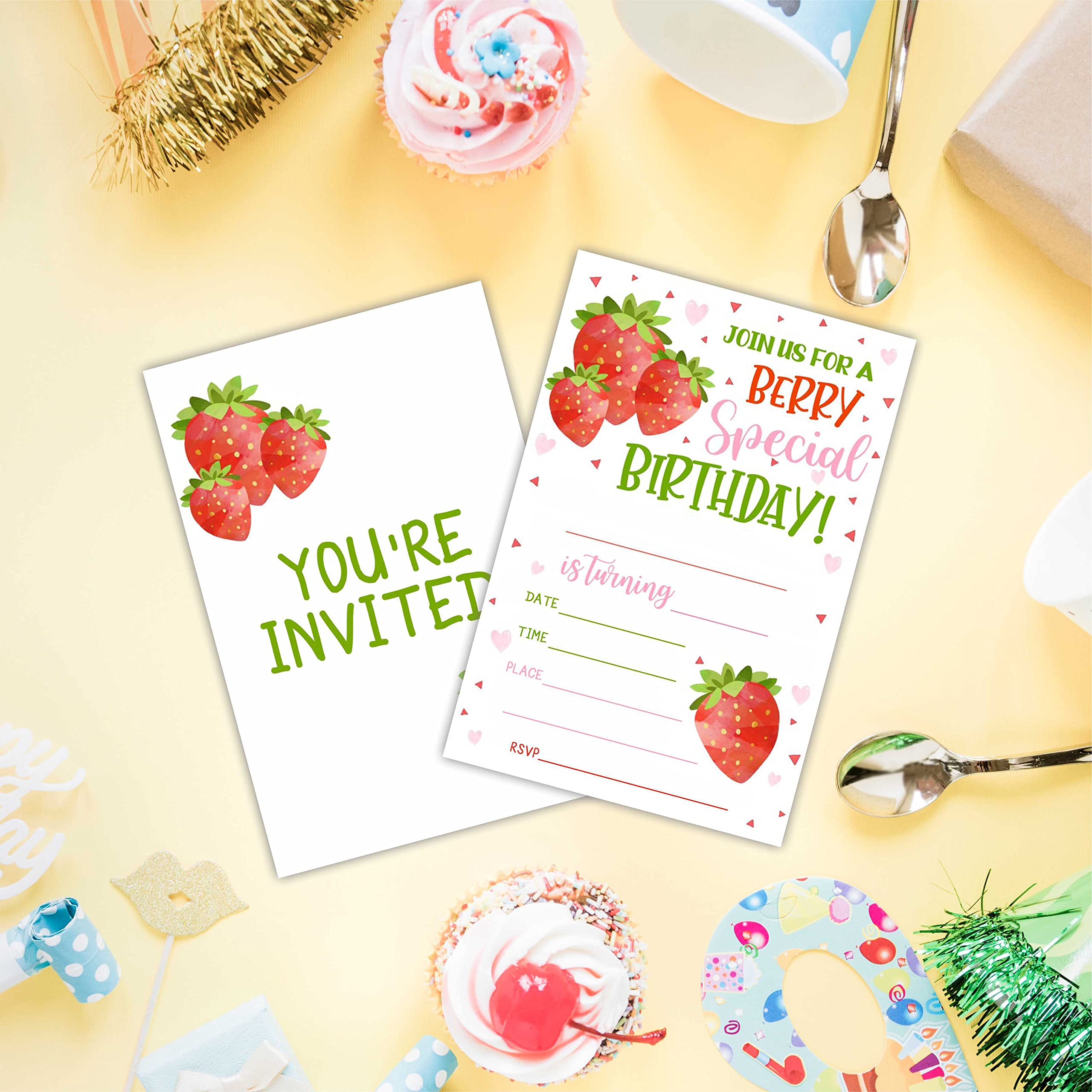 AWSICE Strawberry Theme Birthday Invitations, Fruits Double-Sided Fill-In Invite Cards For Kids, 20 Invitations With Envelopes, Decorations, Party Favor And Supply