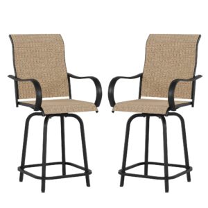 poteban patio swivel bar stools set of 2, outdoor bar height patio chairs for backyard, pool, garden, deck w/high back and armrest, all-weather mesh, 300lb capacity – brown