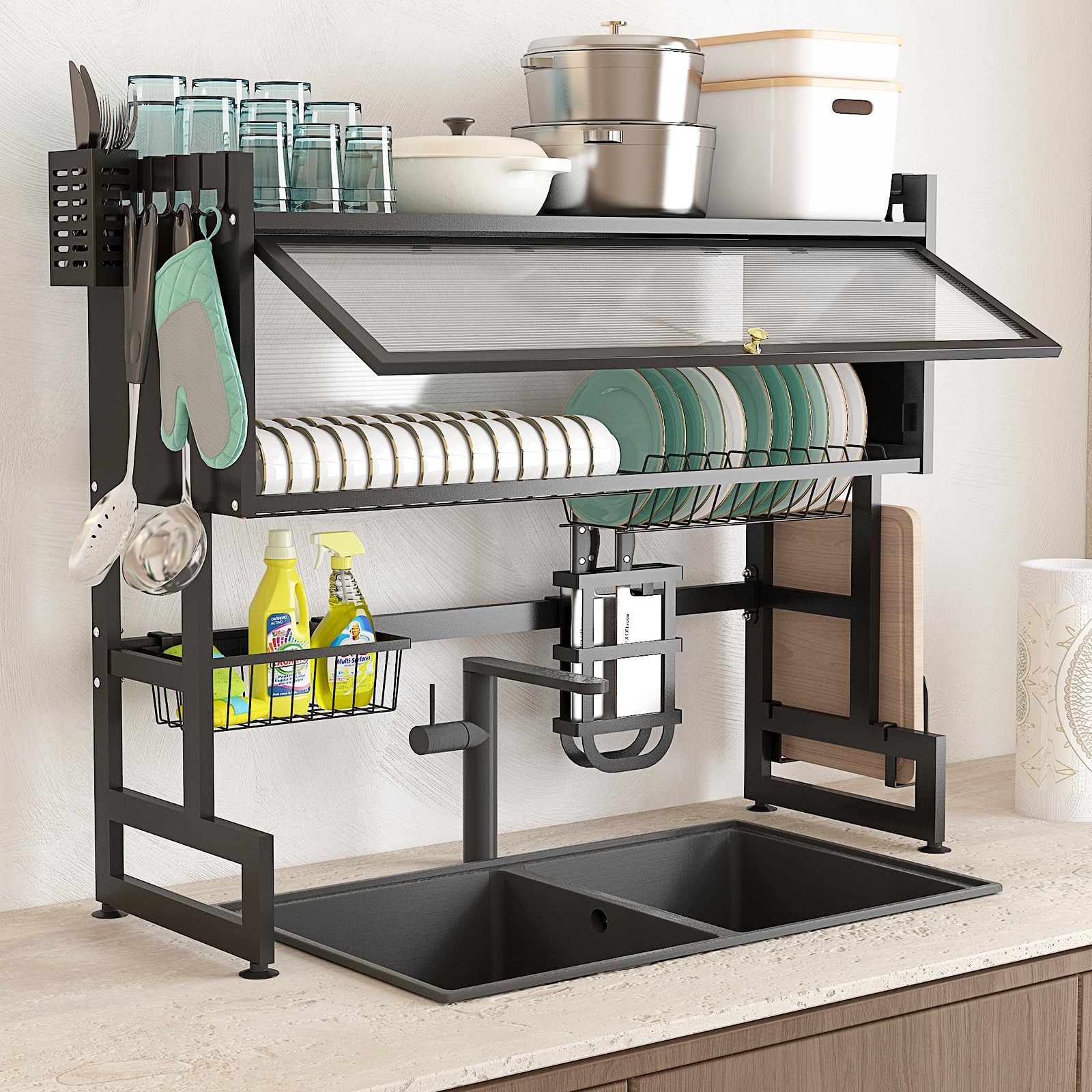 bukfen Dish Drying Rack, Over The Sink Dish Drainer Drying Rack 2 Tier Dish Rack with Cover for Kitchen (Black, Large 37.40 Length)