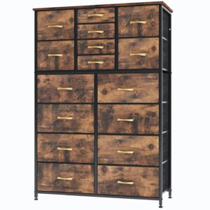 Finnhomy 16 Drawers Dresser for Bedroom, Tall Dressers & Chests of Drawers with Wood Top, Large Fabric Storage Dresser for Bedroom/Living Room/Entryway/Closet, 38" W x 11.8" D x 57.1" H, Rustic Brown