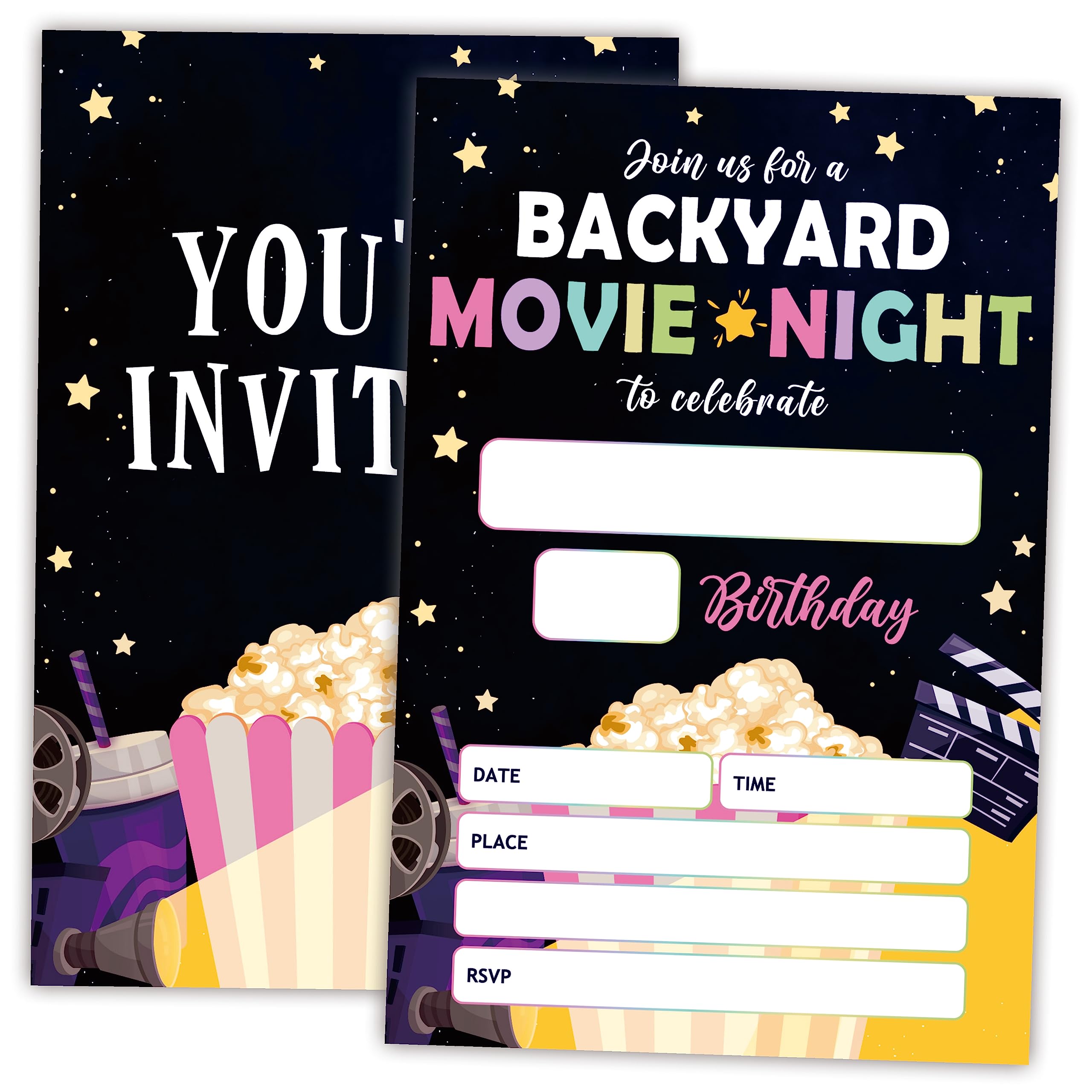 AWSICE Backyard Movie Night Birthday Invitations, Double-Sided Fill-In Invite Cards For Birthday Party, 20 Invitations With Envelopes, Decorations,Party Favor And Supply-A07