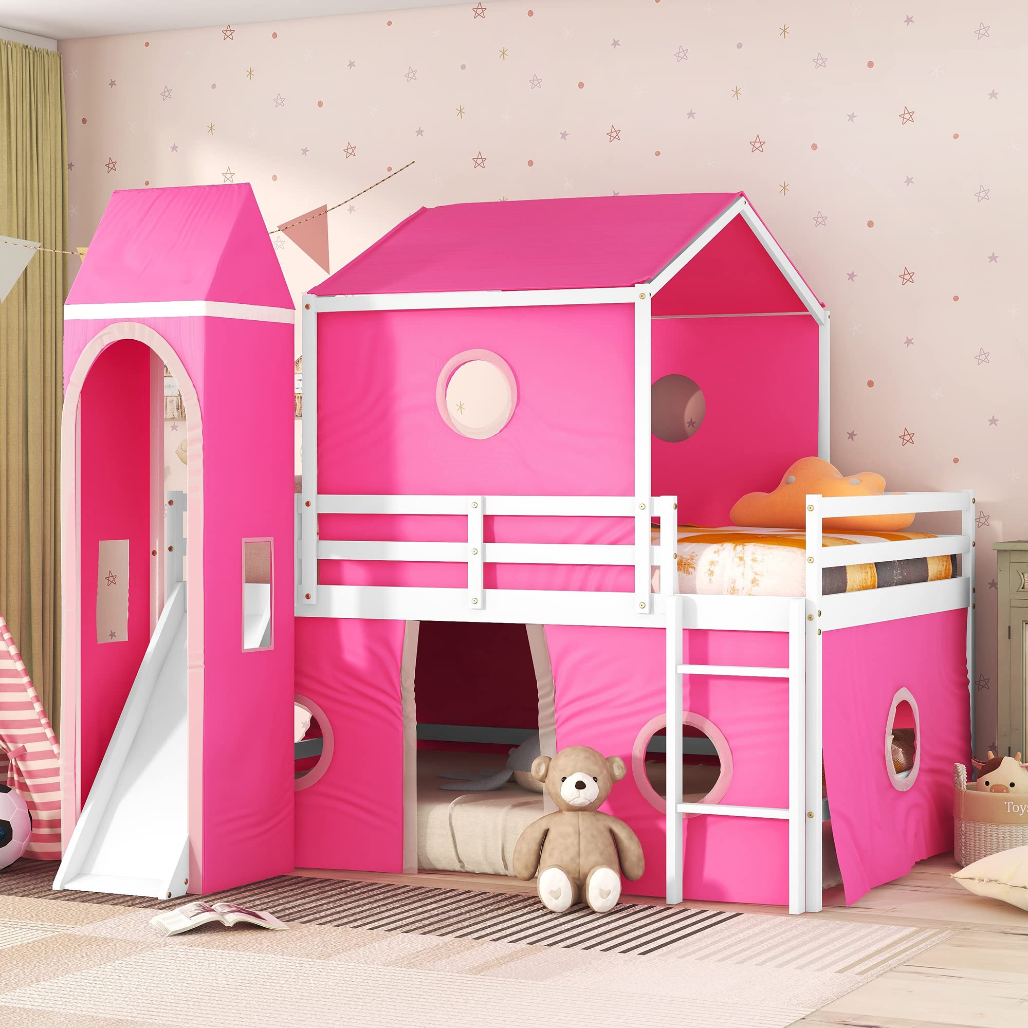 Harper & Bright Designs Full Size Low Loft Bed with Slide & Curtains and Tower, Solid Wood Loft Bed Frame with Tent, Full Over Full Floor Bunk Bed for Kids Girls Boys (Pink)