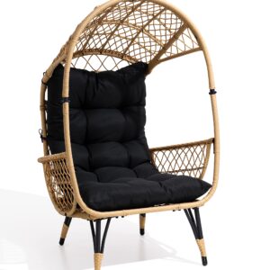 JOINHOM Hand Woven Wicker Egg Chair, Patio Sun Shade Egg Chair with Wide Armrest Allow You to Relax, Strong Metal Frame Lounge Chair w/Cushion for Garden, Balcony, Living Room