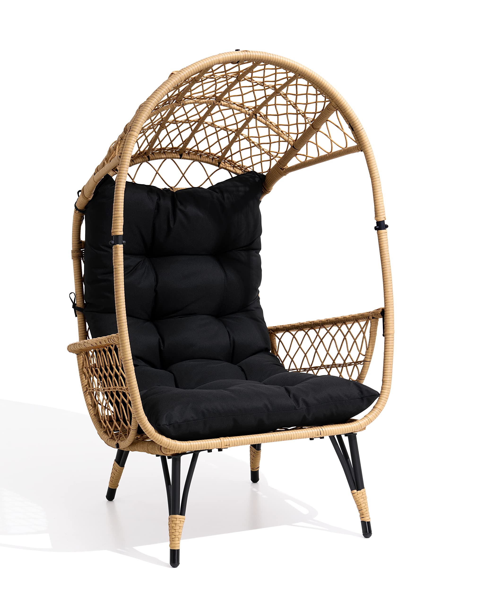 JOINHOM Hand Woven Wicker Egg Chair, Patio Sun Shade Egg Chair with Wide Armrest Allow You to Relax, Strong Metal Frame Lounge Chair w/Cushion for Garden, Balcony, Living Room