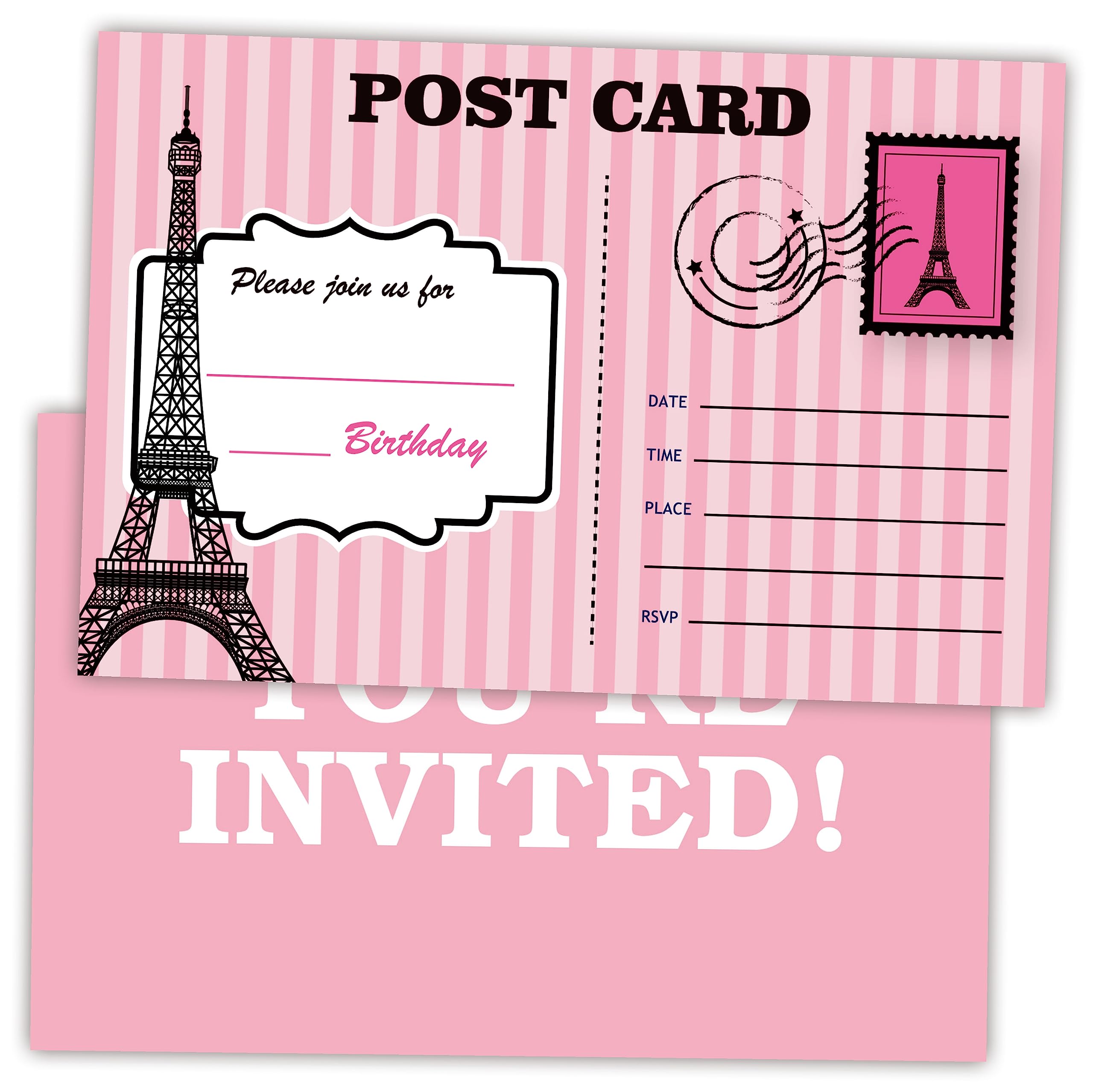 AWSICE Blush Paris Birthday Invitations, Eiffel Tower Double-Sided Fill-In Invite Cards For Birthday Party, 20 Invitations With Envelopes, Decorations,Party Favor And Supply-A10